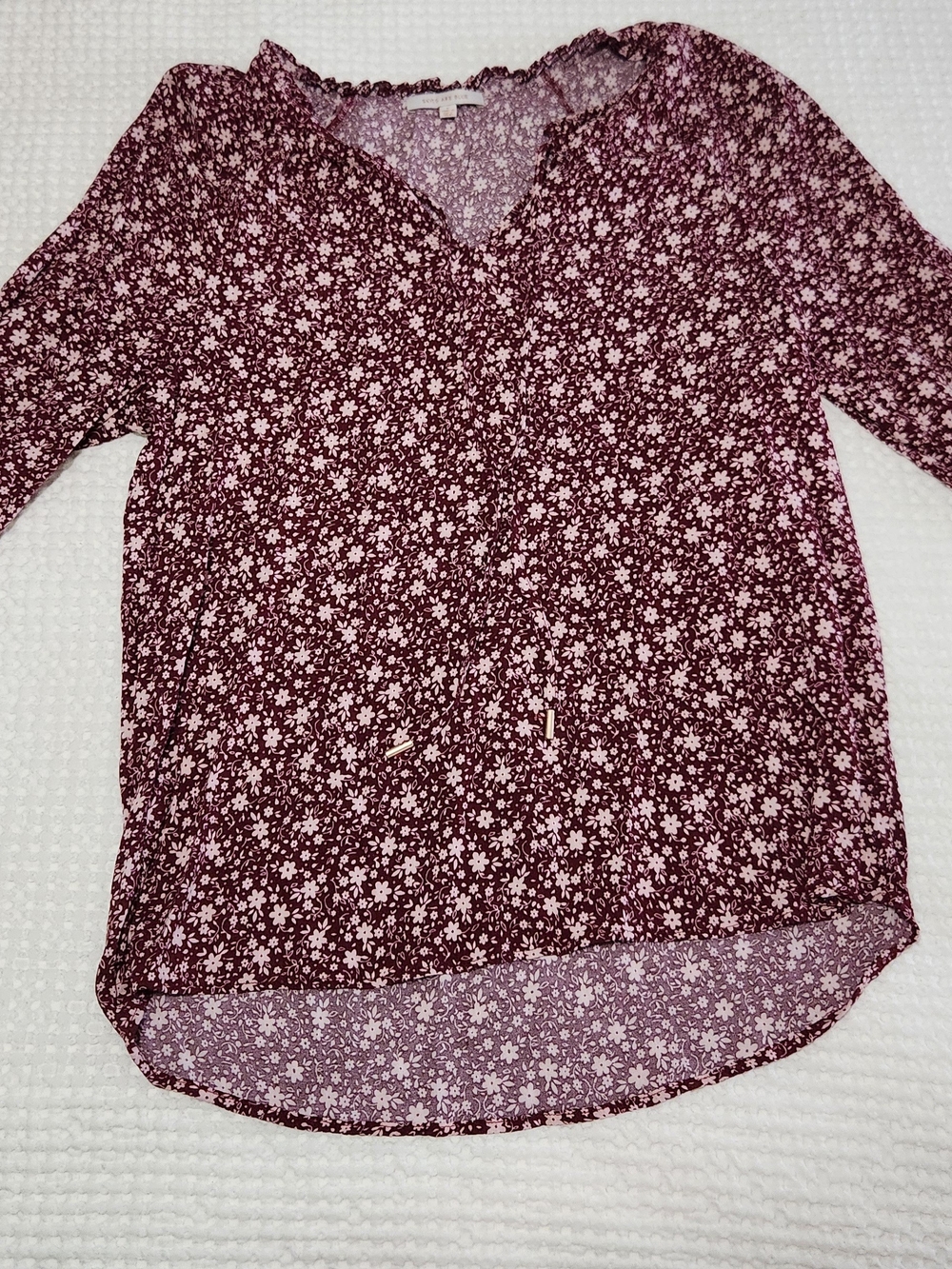 Skies Are Blue Burgundy Floral V-Neck Drawstring Blouse
